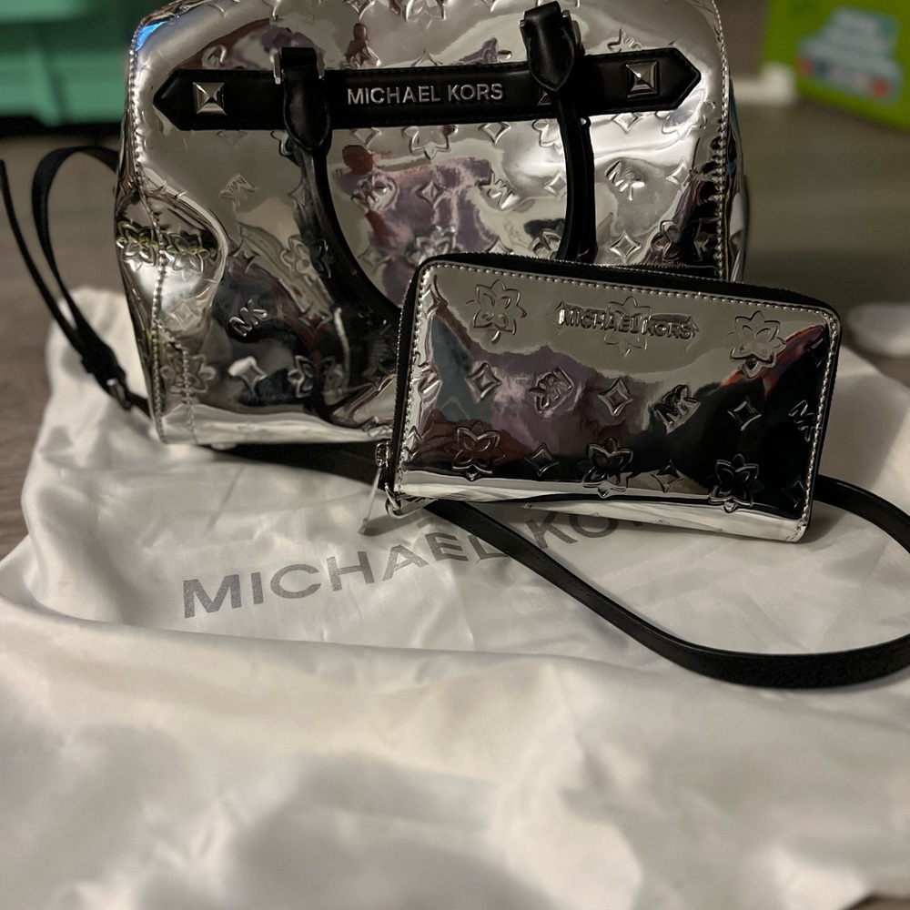 Michael Kors Silver Satchel with Glossy Finish